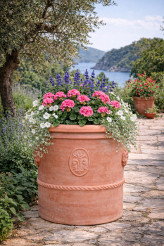 Cilindro alto con stemmi – pot cylindrique haut en terre cuite Impruneta avec lys florentin